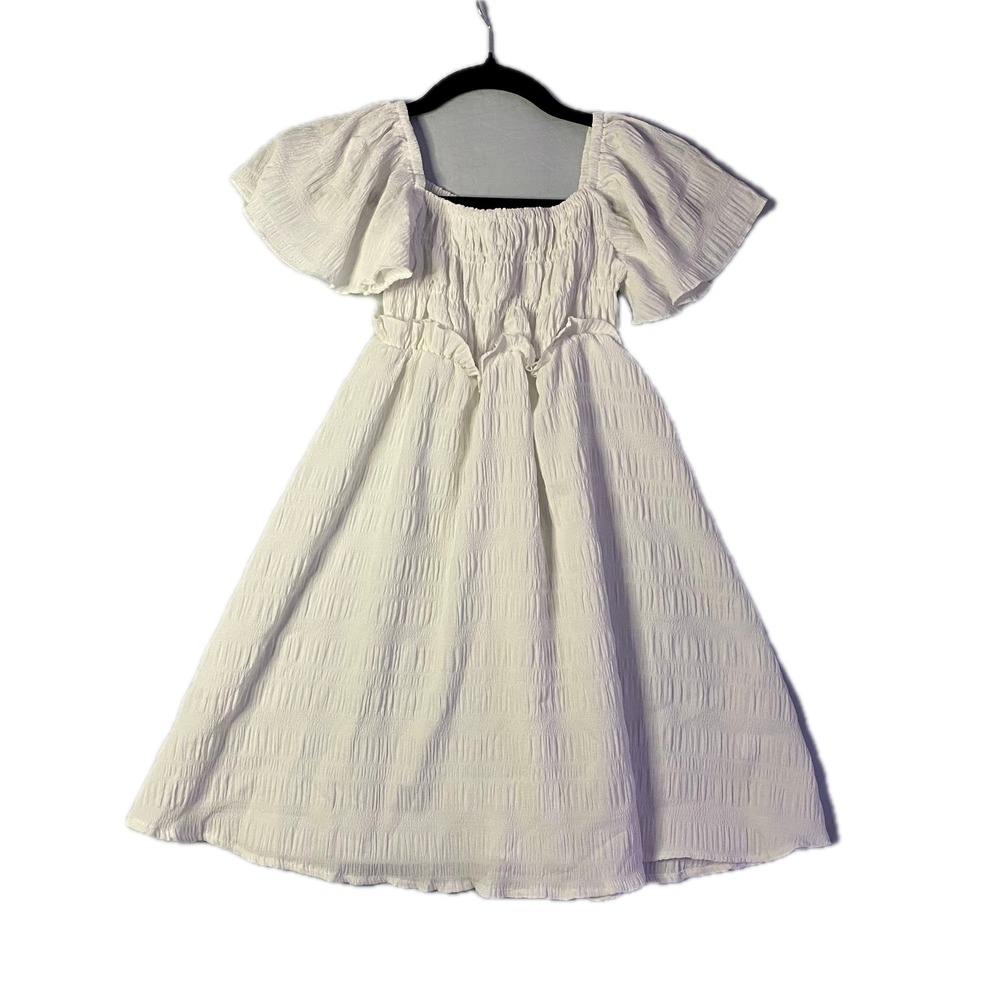 BesserBay Smocked Dress Kids Small White Flutter Sleeve‎ Square Neck